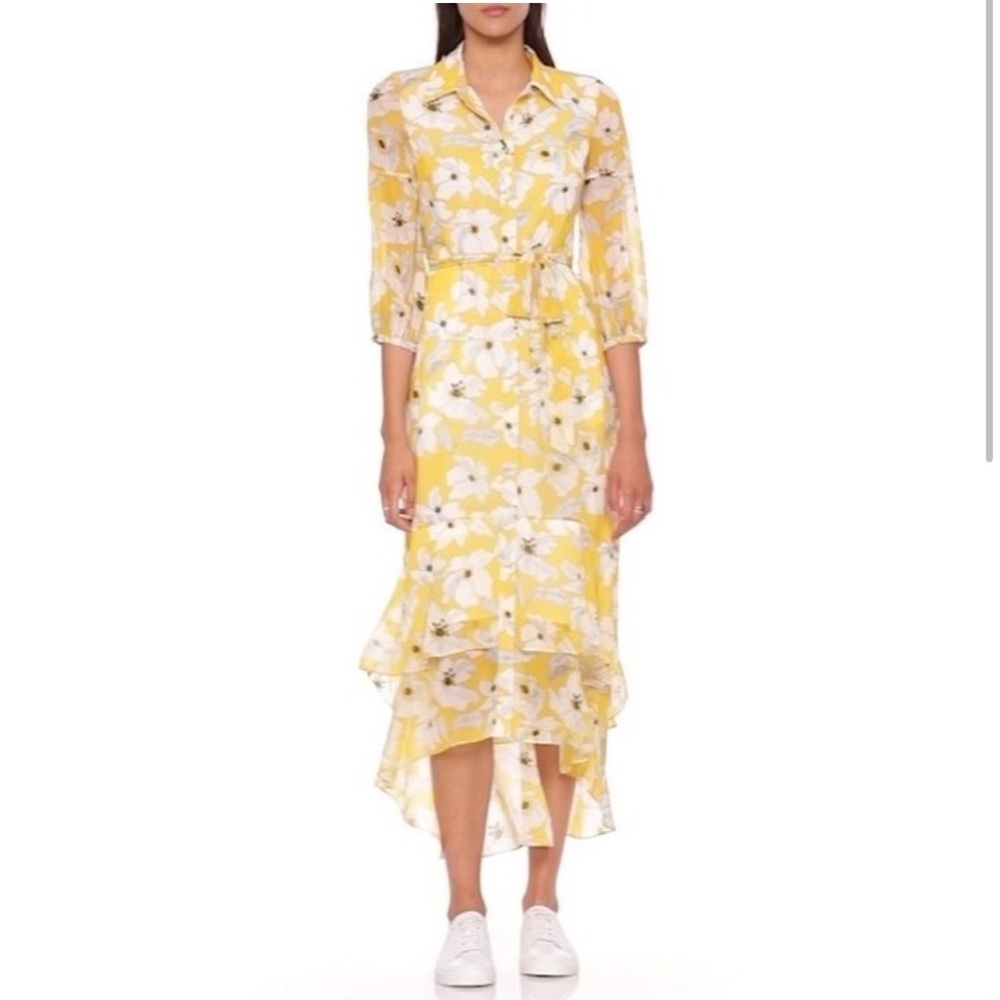 Banana Republic yellow floral maxi dress button down white black belted